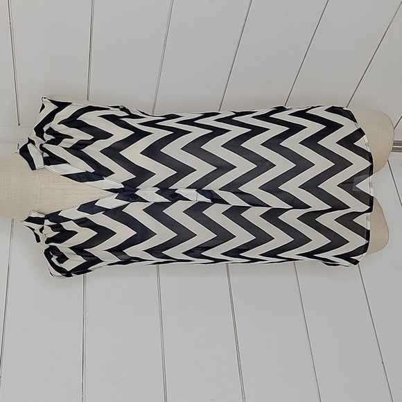 Tacera Tops - TACERA medium navy blue & white chevron sheer sleeveless blouse